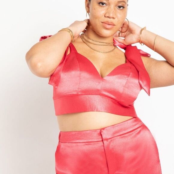 Eloquii Tops - NWT Eloquii pink satin bow tie shoulder crop top bra size 22